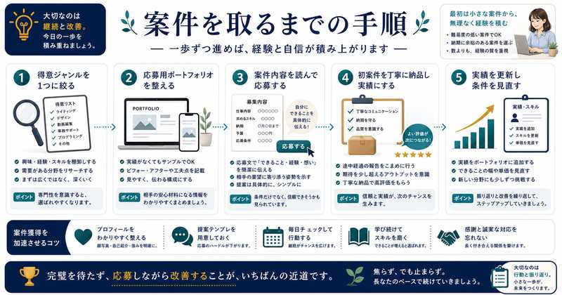 得意ジャンル選び、ポートフォリオ整備、案件応募、初案件の納品、実績更新で案件を目指す手順の図解