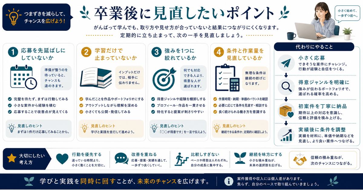 もっと勉強してから、次の講座に逃げる、何でも屋で埋もれる、低単価で消耗する落とし穴と対策の図解