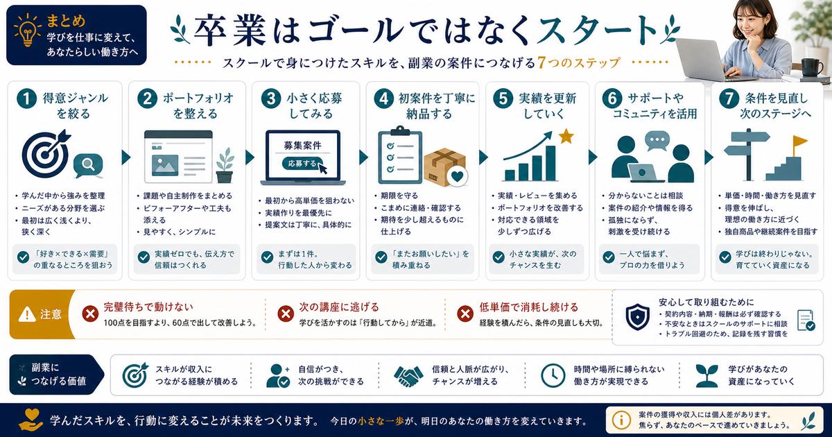スクール卒業後は得意ジャンル、ポートフォリオ、応募、初案件、実績更新、サポート活用、次の改善が重要なまとめ図解