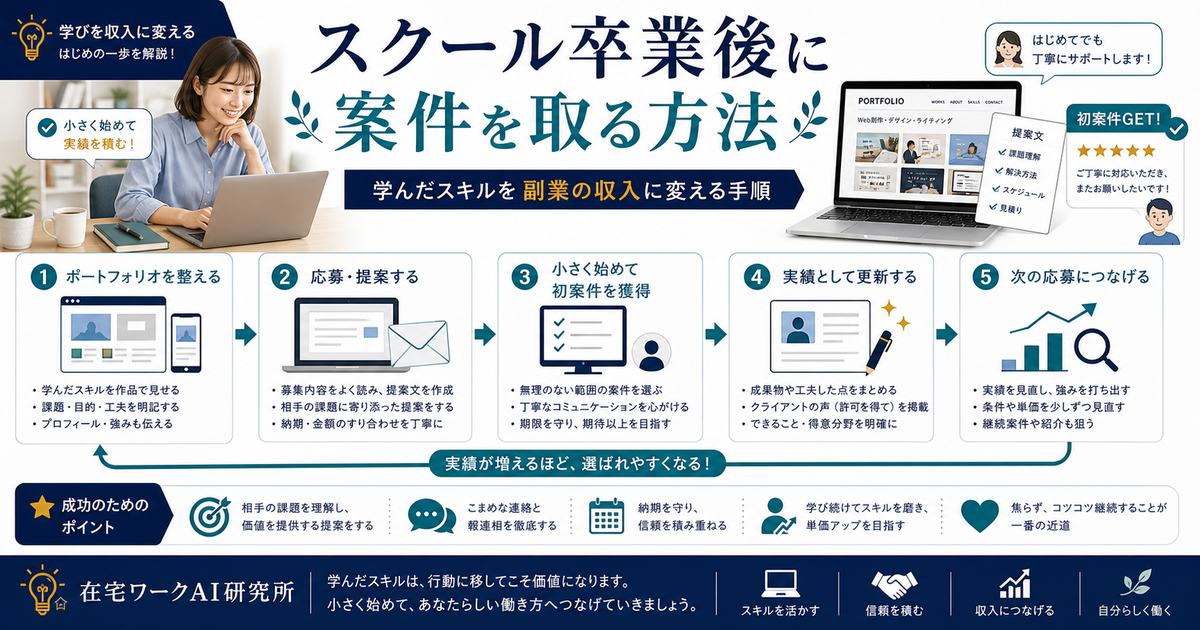 スクール卒業後に案件を取る方法をまとめたアイキャッチ画像
