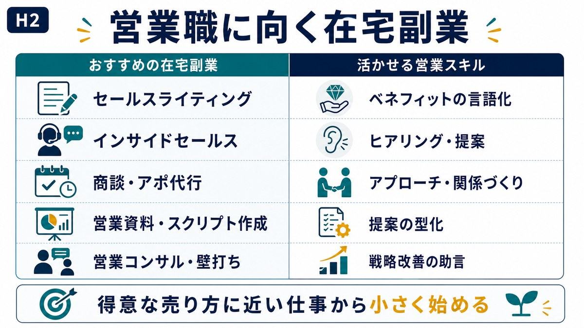 営業職に向く在宅副業としてセールスライティングインサイドセールス商談アポ代行資料作成営業コンサルを整理した図解