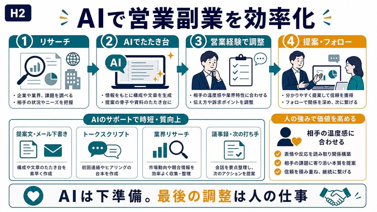 営業副業でAIを使いリサーチ提案文トークスクリプト議事録整理を時短し人が最終調整する図解