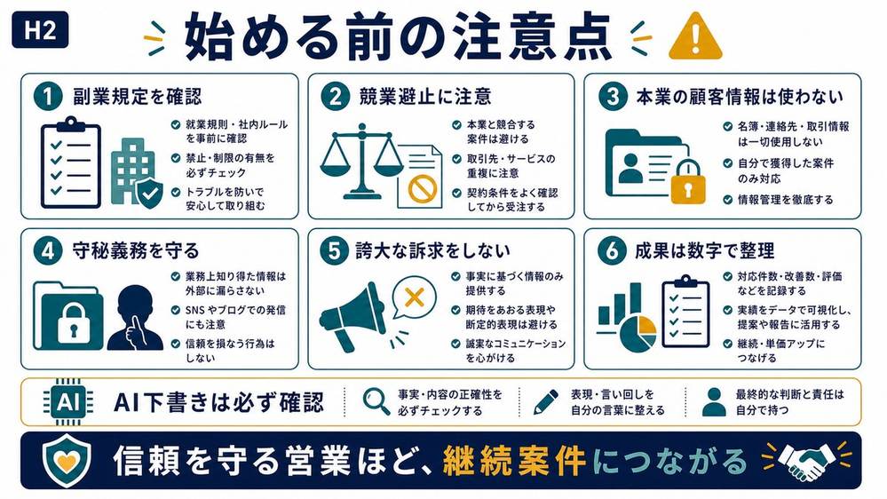 営業副業を始める前に副業規定競業避止本業顧客情報守秘義務誇大訴求AI確認を点検する図解