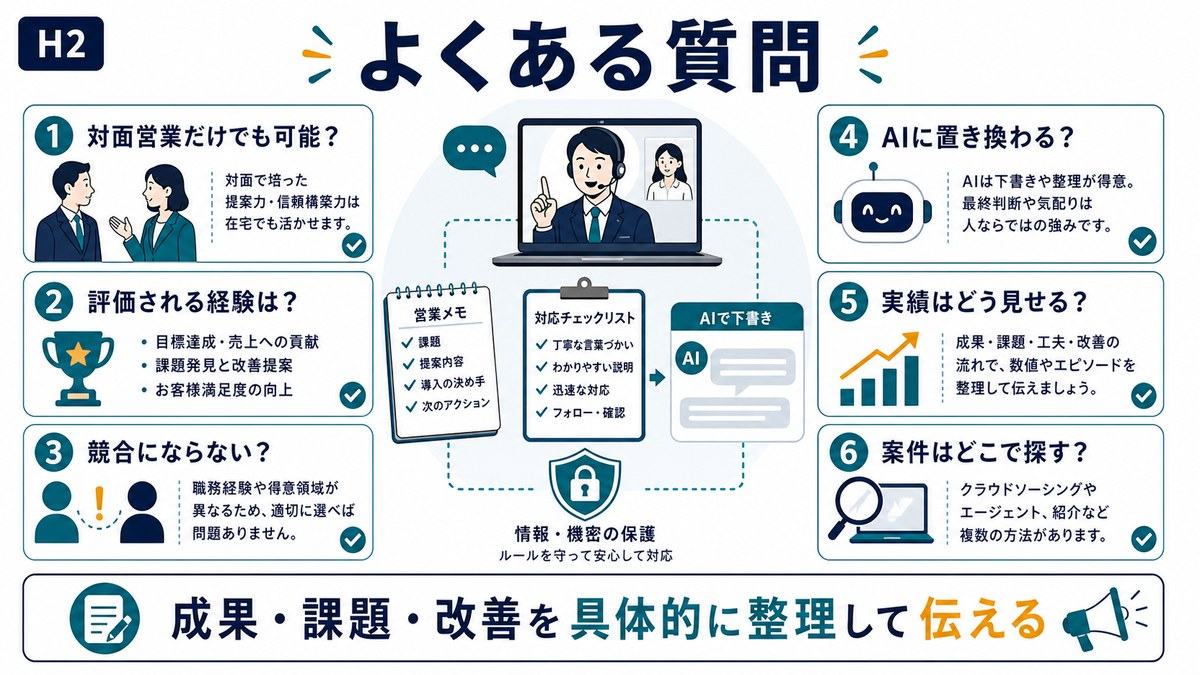 営業副業のFAQとして対面営業経験評価される経験競合リスクAI代替実績の見せ方案件探しを整理した図解