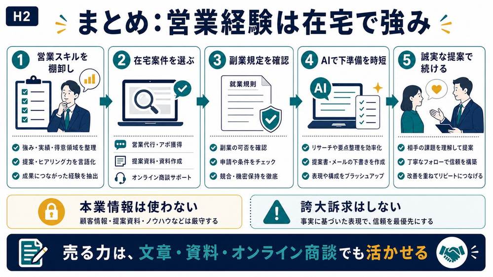 営業経験は在宅副業で強みになり営業スキル棚卸し案件選び副業規定確認AI下準備誠実な提案が大切であることをまとめた図解