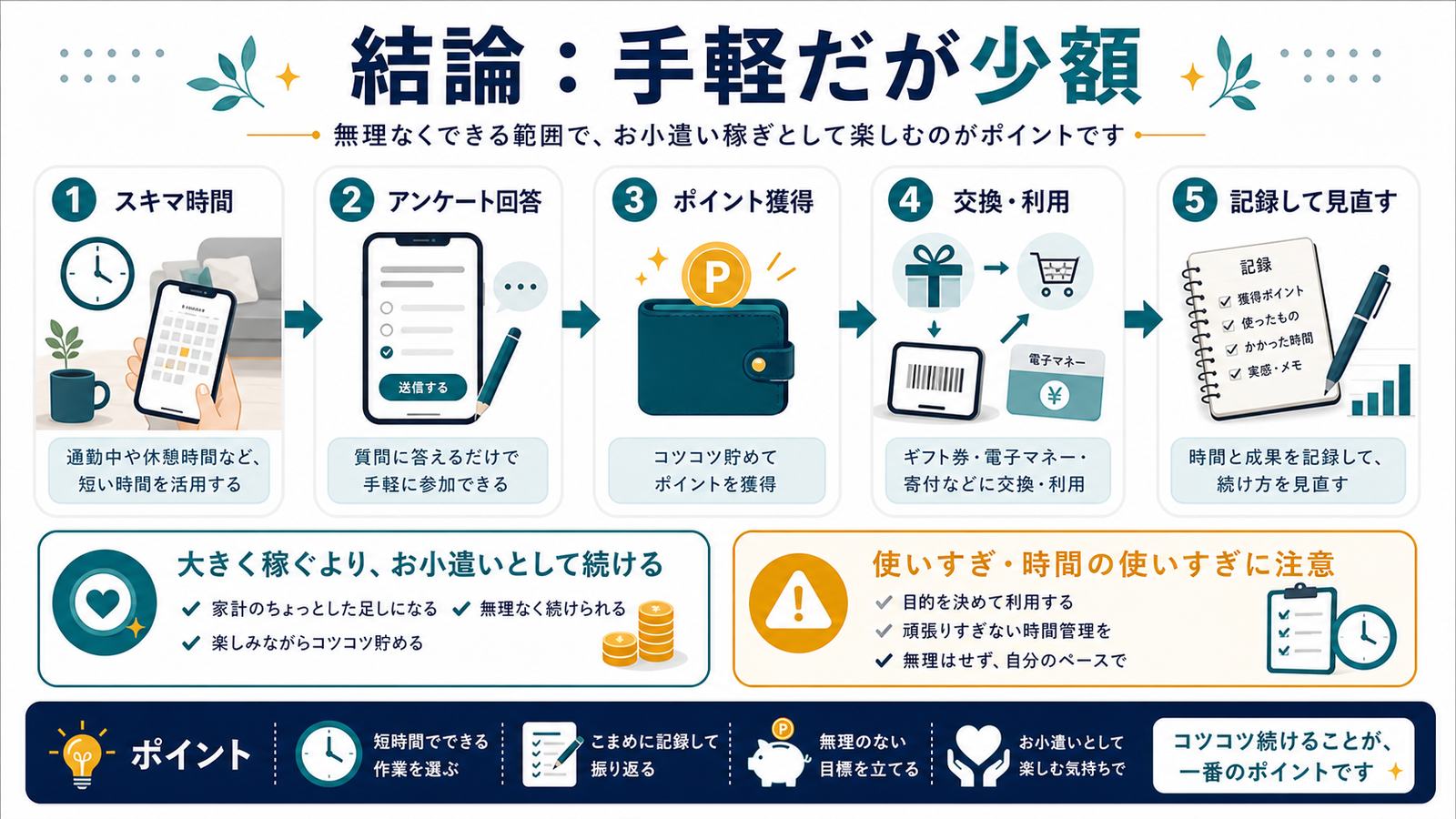 スキマ時間にアンケート回答ポイント獲得交換利用記録見直しをする少額お小遣い図
