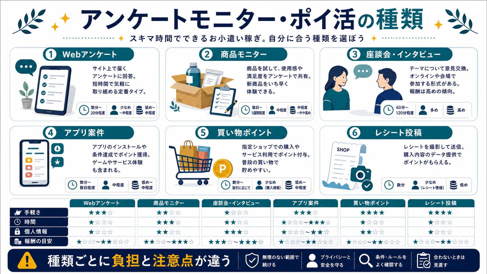 Webアンケート商品モニター座談会インタビューアプリ案件買い物ポイントレシート投稿の種類図