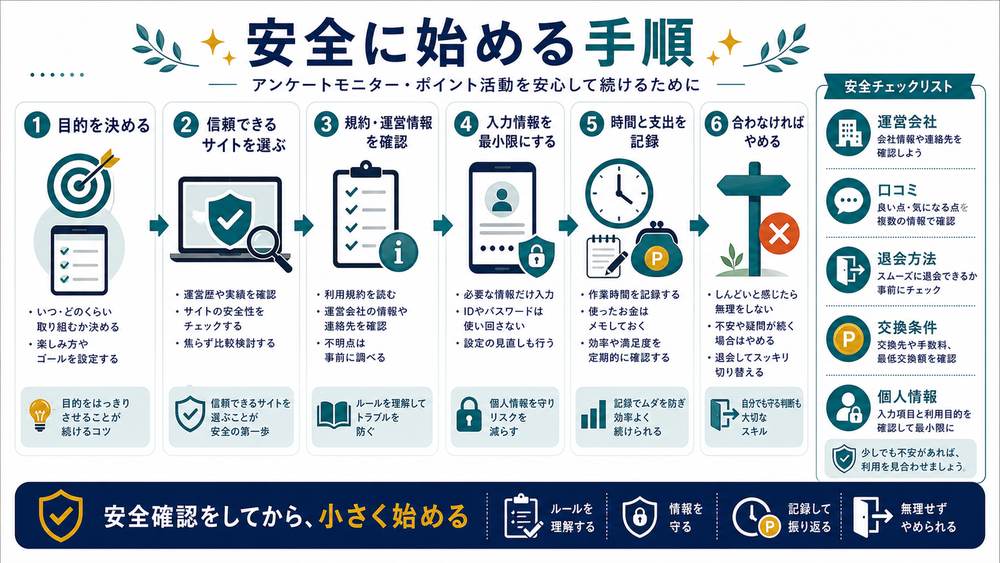 目的信頼できるサイト規約運営情報入力情報最小限時間支出記録退会確認の安全手順図