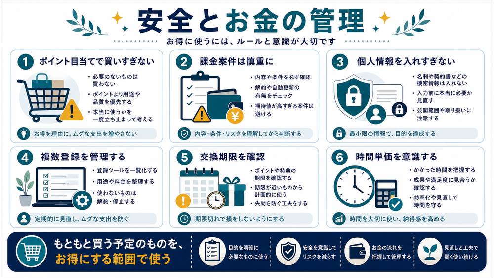買いすぎ課金案件個人情報複数登録交換期限時間単価の安全とお金の管理図