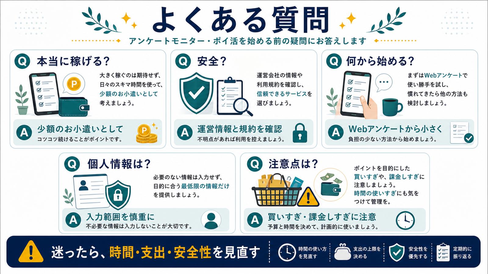 稼げるか安全か何から始めるか個人情報買いすぎ課金しすぎのFAQ図
