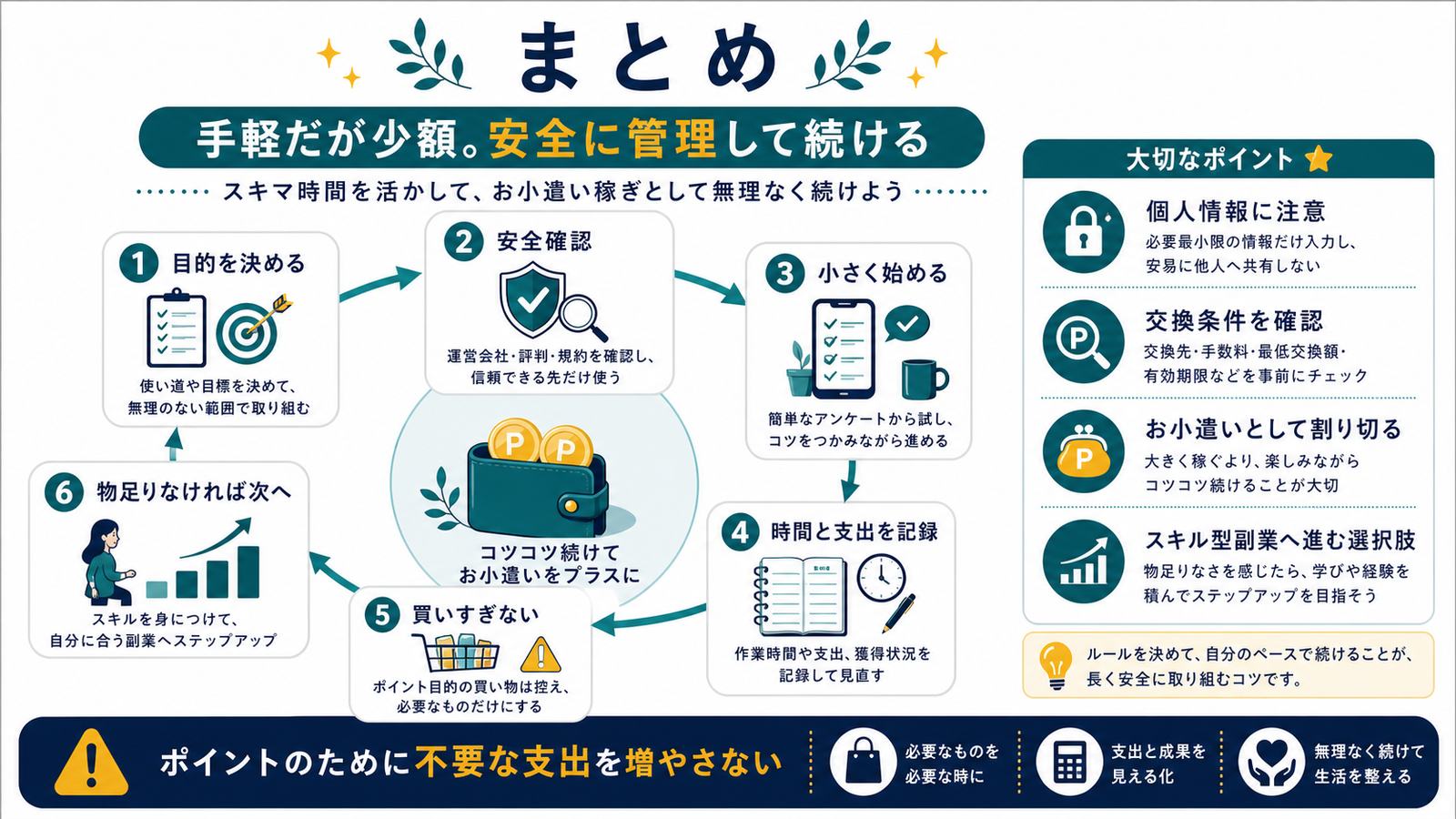 手軽だが少額安全管理目的安全確認小さく始める時間支出記録買いすぎ防止のまとめ図