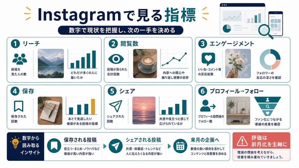 Instagram運用代行の月次レポートで見るリーチ閲覧数エンゲージメント保存シェアなどの指標図