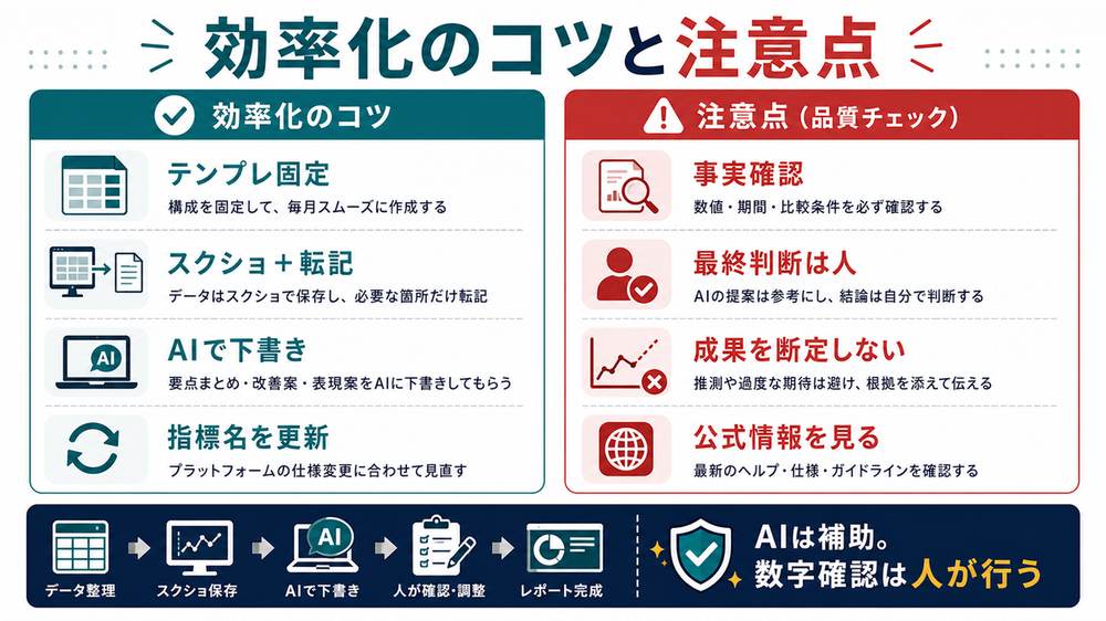 SNS月次レポート作成をテンプレ固定AI下書き事実確認公式情報確認で効率化する図