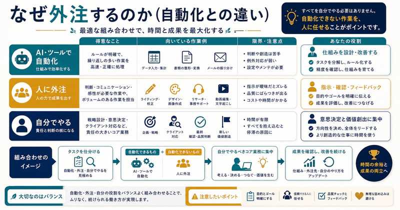 副業の作業をAIやツールで自動化する部分、人に外注する部分、自分でやる部分に分ける図解