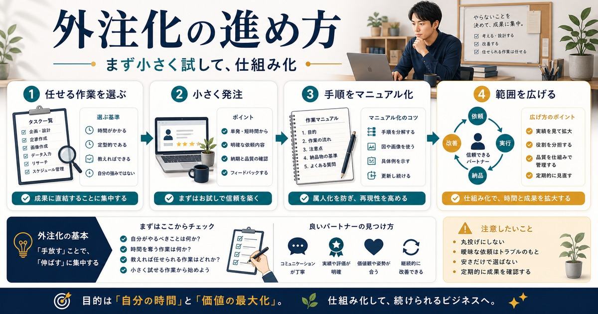 副業の外注化を任せる作業選び、小さく発注、マニュアル化、範囲拡大の順で進める図解