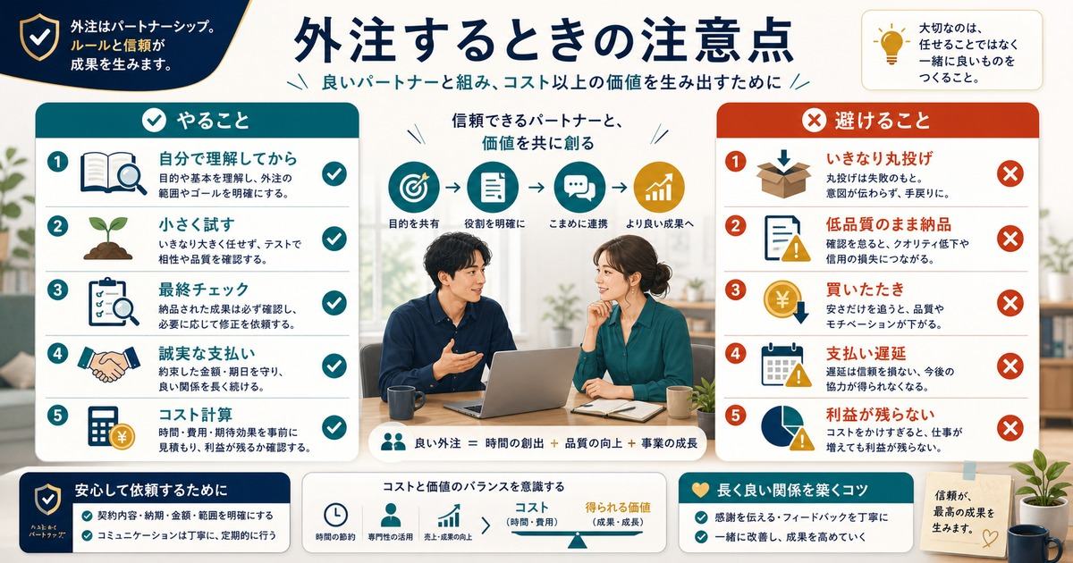 外注するときは丸投げ、買いたたき、支払い遅延、低品質納品、利益が残らない状態を避ける図解