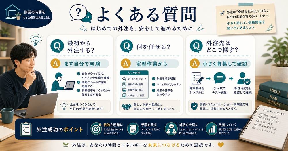 副業の外注化で最初から外注するか、何を任せるか、外注先をどう探すかをFAQで整理した図解