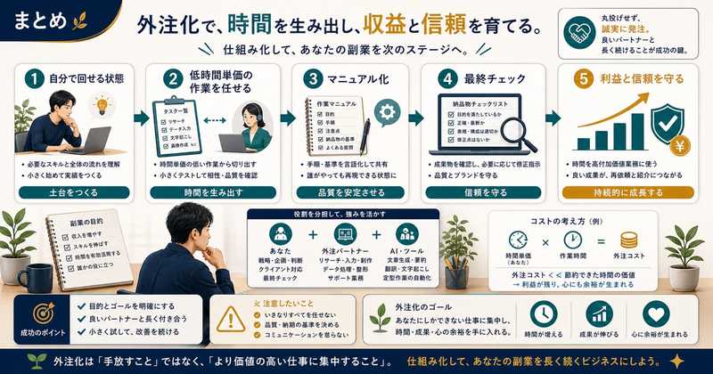 副業外注化で自分で回せる状態から低時間単価の作業を任せマニュアル化し最終チェックと利益を守るまとめ図解