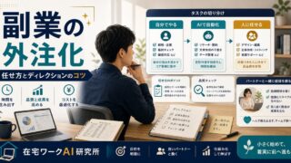 副業の外注化と任せ方・ディレクションのコツを示す在宅ワークAI研究所のアイキャッチ画像