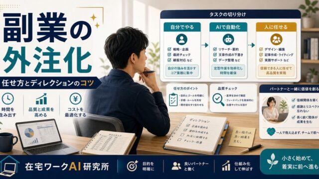 副業の外注化と任せ方・ディレクションのコツを示す在宅ワークAI研究所のアイキャッチ画像