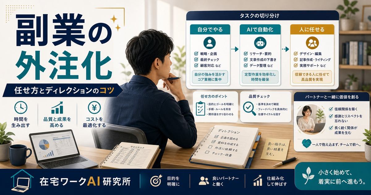 副業の外注化と任せ方・ディレクションのコツを示す在宅ワークAI研究所のアイキャッチ画像