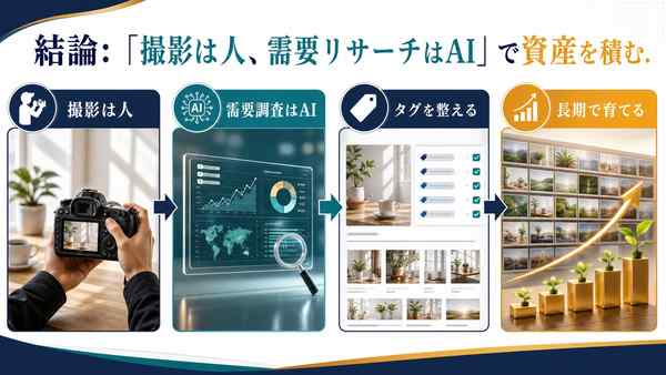 撮影は人需要リサーチはAIタグ付け長期で育てるストックフォト副業の流れ図