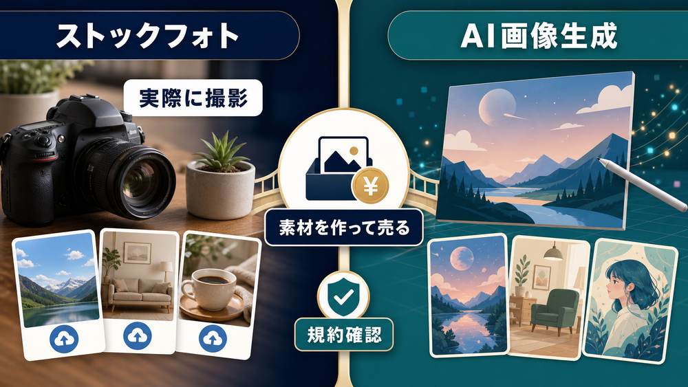 ストックフォト実際に撮影AI画像生成規約確認素材を作って売る違いの比較図