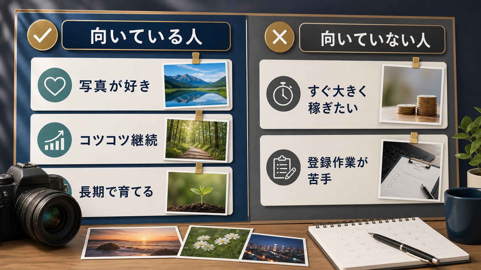 写真が好きコツコツ継続長期で育てる人とすぐ大きく稼ぎたい登録作業が苦手な人の比較図
