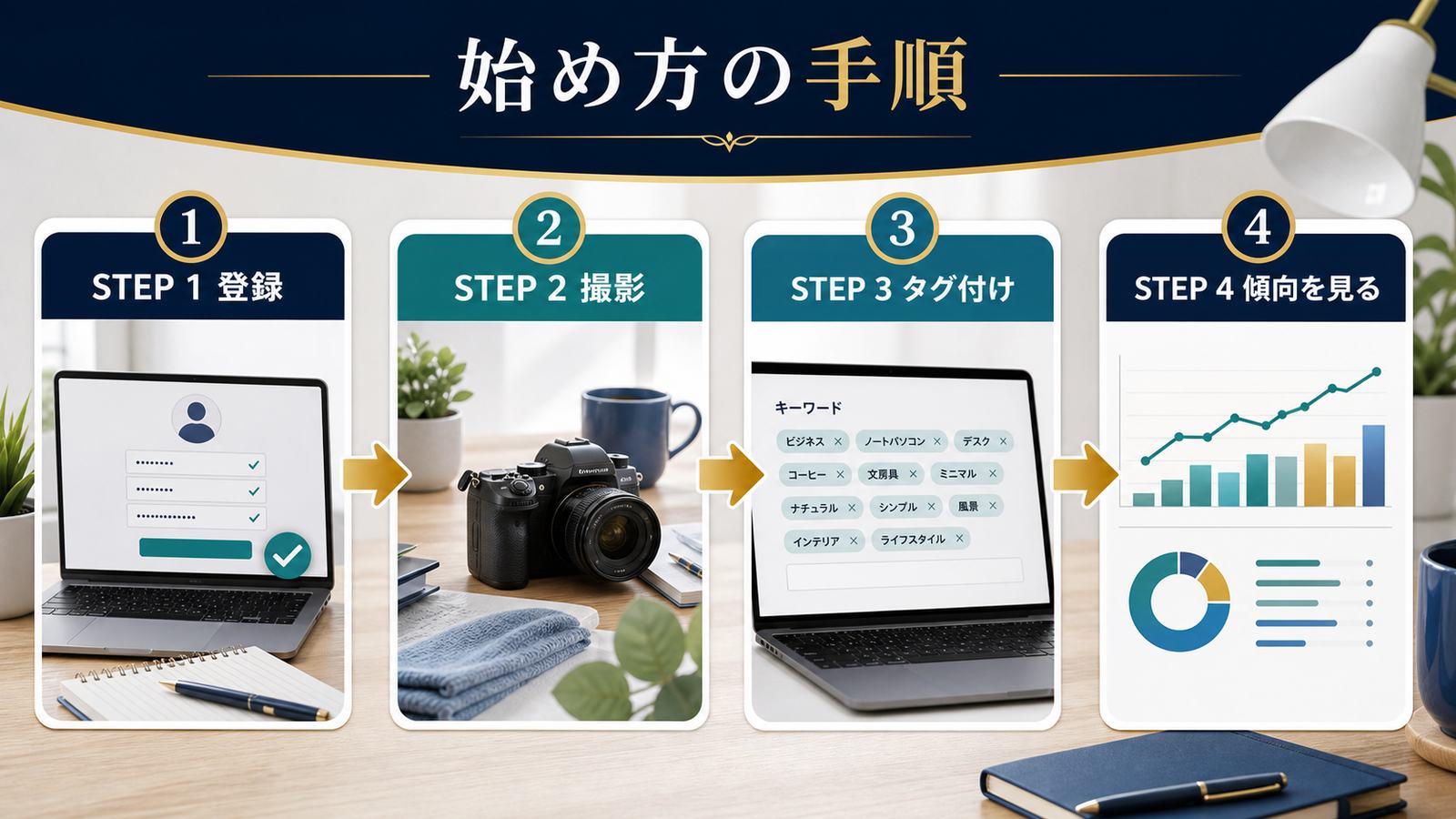 販売サイト登録需要のあるテーマ撮影タグ付け売れた傾向を見るストックフォト開始手順図