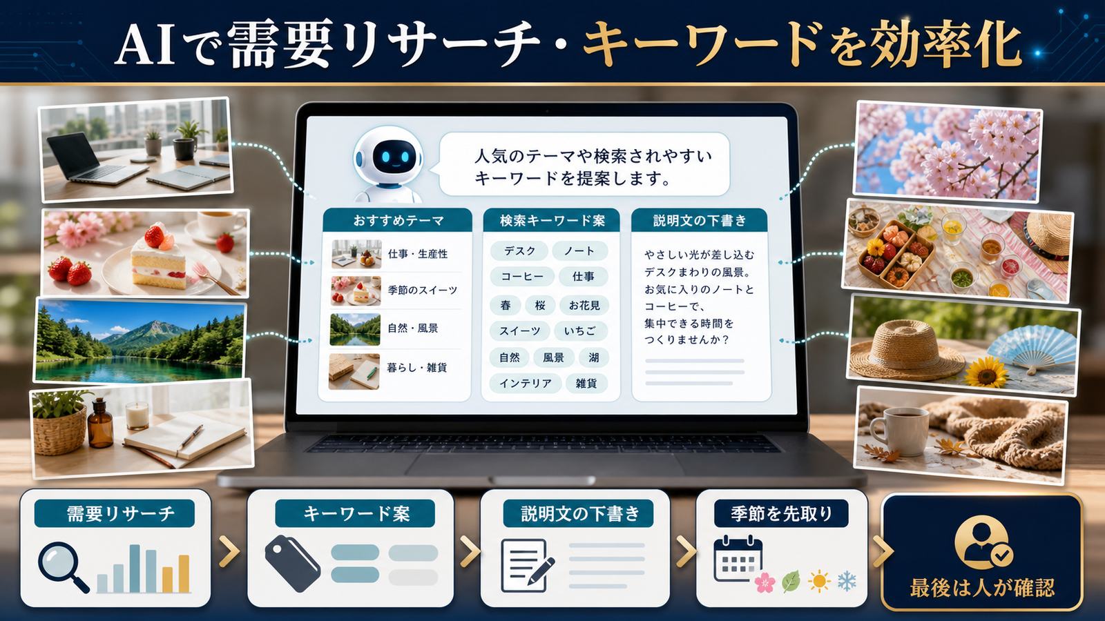 AIで需要リサーチキーワード案説明文下書き季節先取り最後は人が確認する効率化図