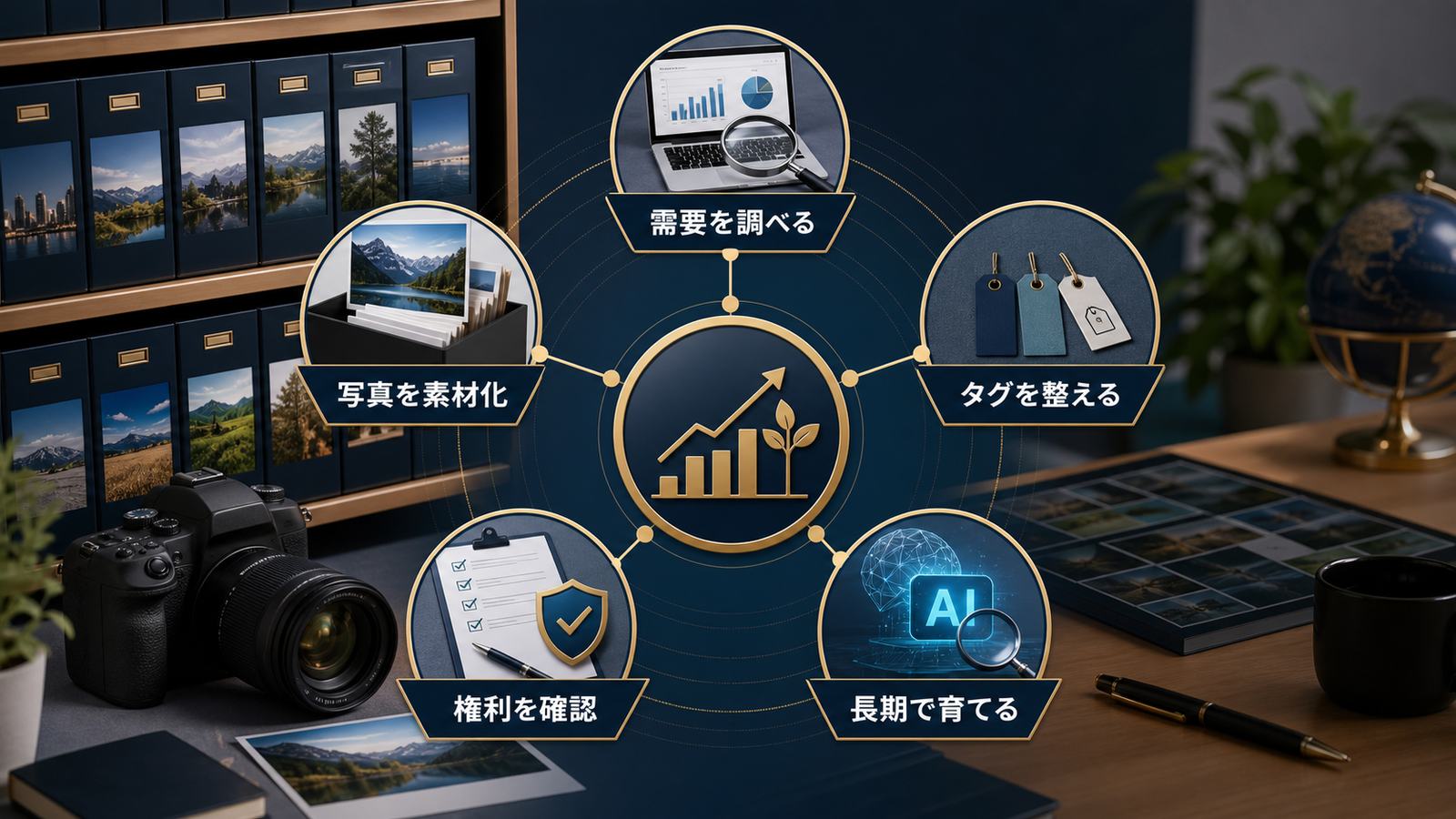 写真を素材化需要を調べるタグを整える権利を確認長期で育てるストックフォト副業まとめ図