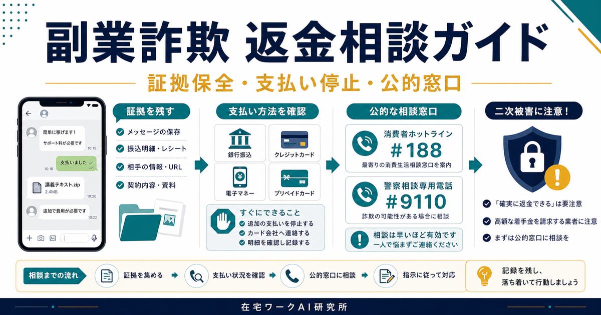 副業詐欺の返金相談と証拠保全を整理したアイキャッチ画像