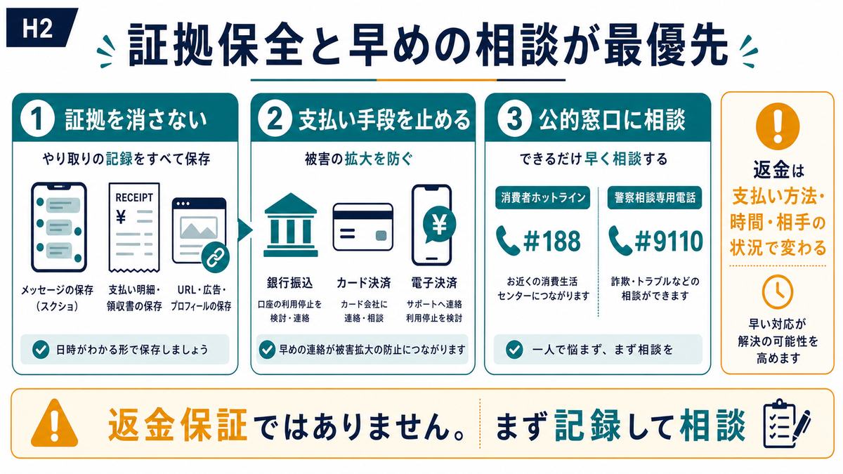 副業詐欺で払った後に証拠保全支払い停止公的窓口への早期相談が重要であることを示す図解