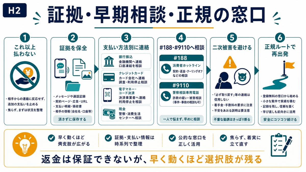 副業詐欺で払った後に証拠保全早期相談正規窓口二次被害回避が重要であることをまとめた図解