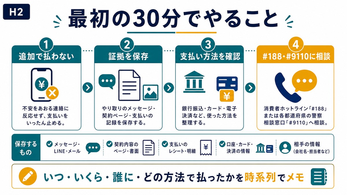 副業詐欺に気づいた直後30分で追加支払いを止め証拠保存支払い方法確認相談を進める流れ