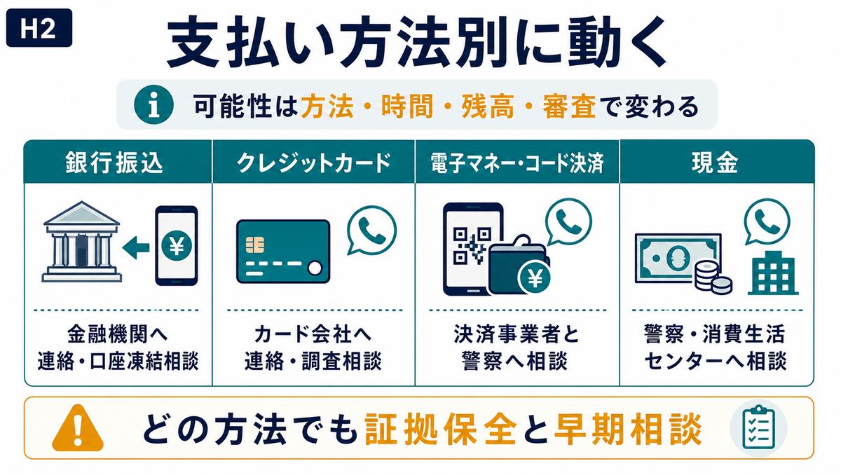 銀行振込クレジットカード電子マネー現金ごとに副業詐欺で払った後の相談先を整理した図解