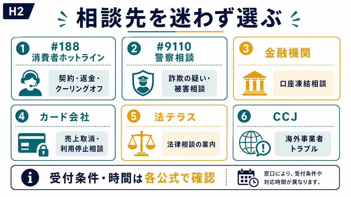 副業詐欺の返金相談先として消費者ホットライン188警察相談9110金融機関カード会社法テラスCCJを整理した図解