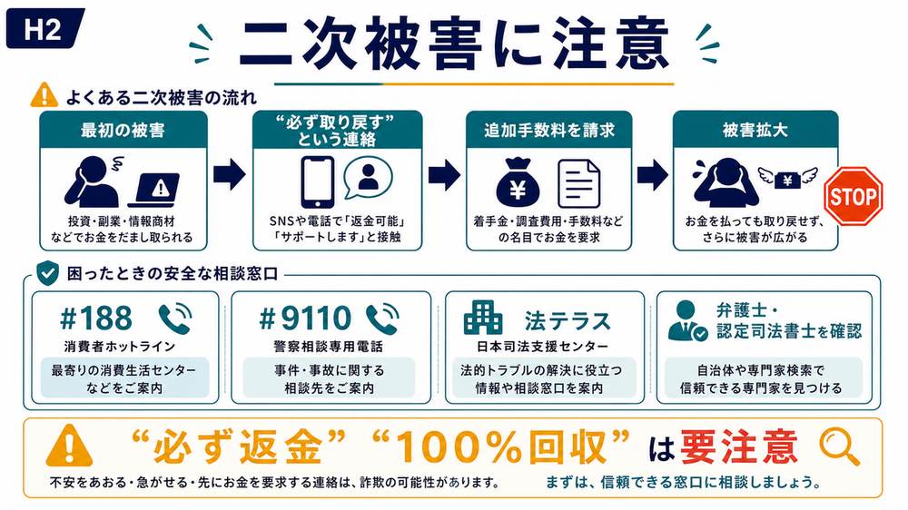 副業詐欺の後に必ず返金や100パーセント回収をうたう業者による二次被害に注意する図解