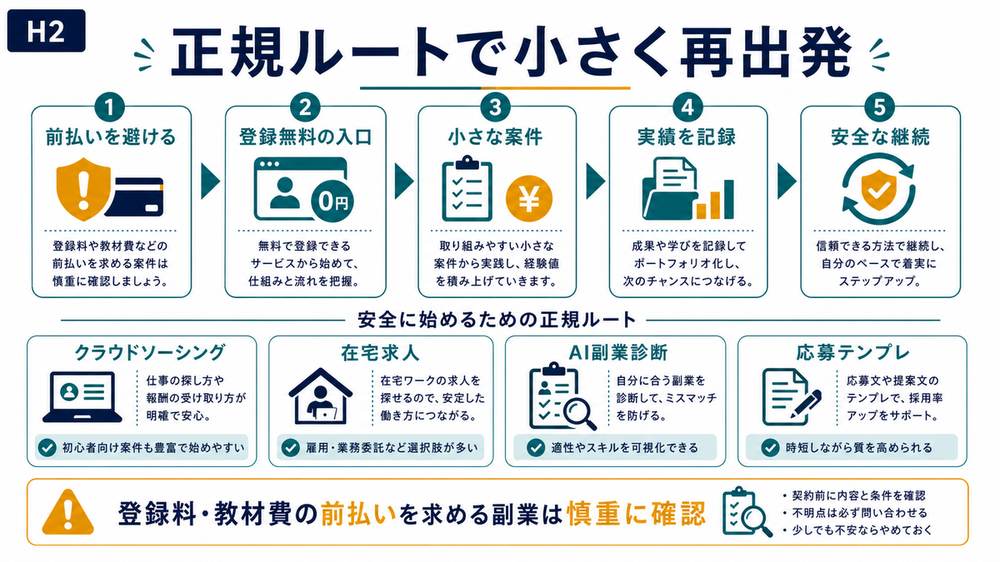 副業詐欺後に前払いを避け登録無料の正規ルートで小さく再出発する流れを示す図解