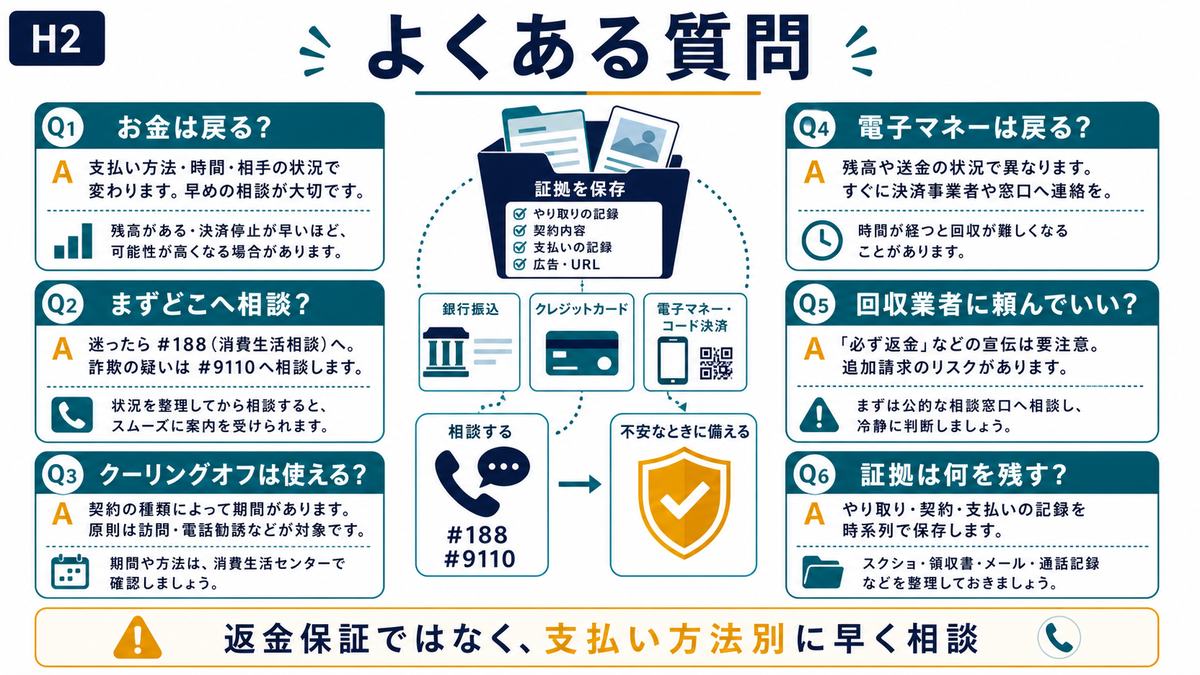 副業詐欺の返金相談でよくある質問をお金が戻るか相談先クーリングオフ電子マネー回収業者証拠で整理した図解