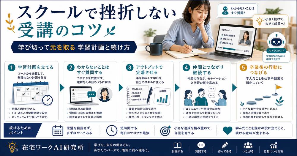 スクールで挫折しない受講のコツをまとめたアイキャッチ画像