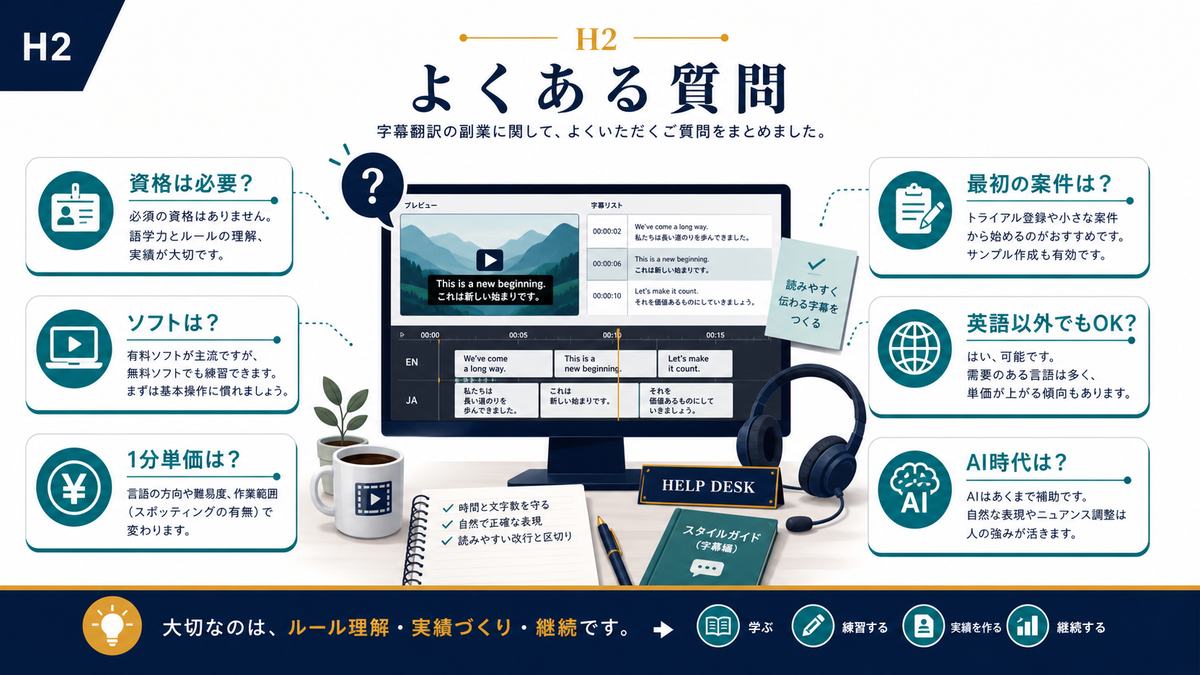 字幕翻訳副業の資格やソフトや1分単価やAIに関するFAQ