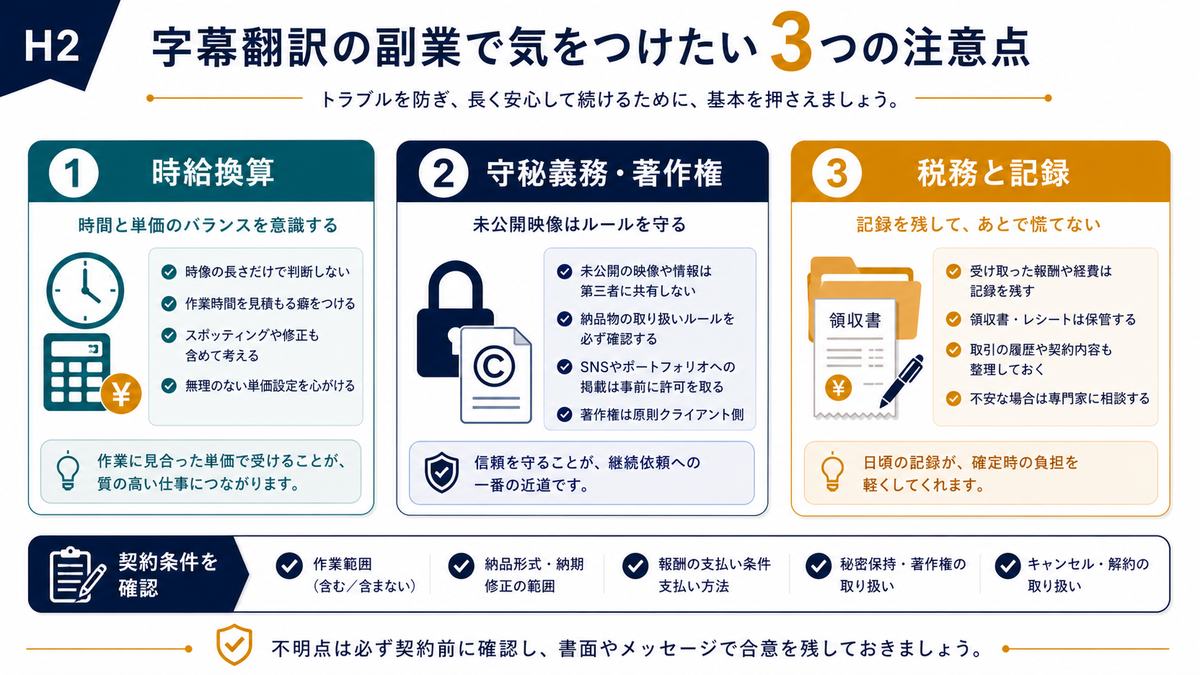 字幕翻訳副業で気をつけたい時給換算と守秘義務と税務記録