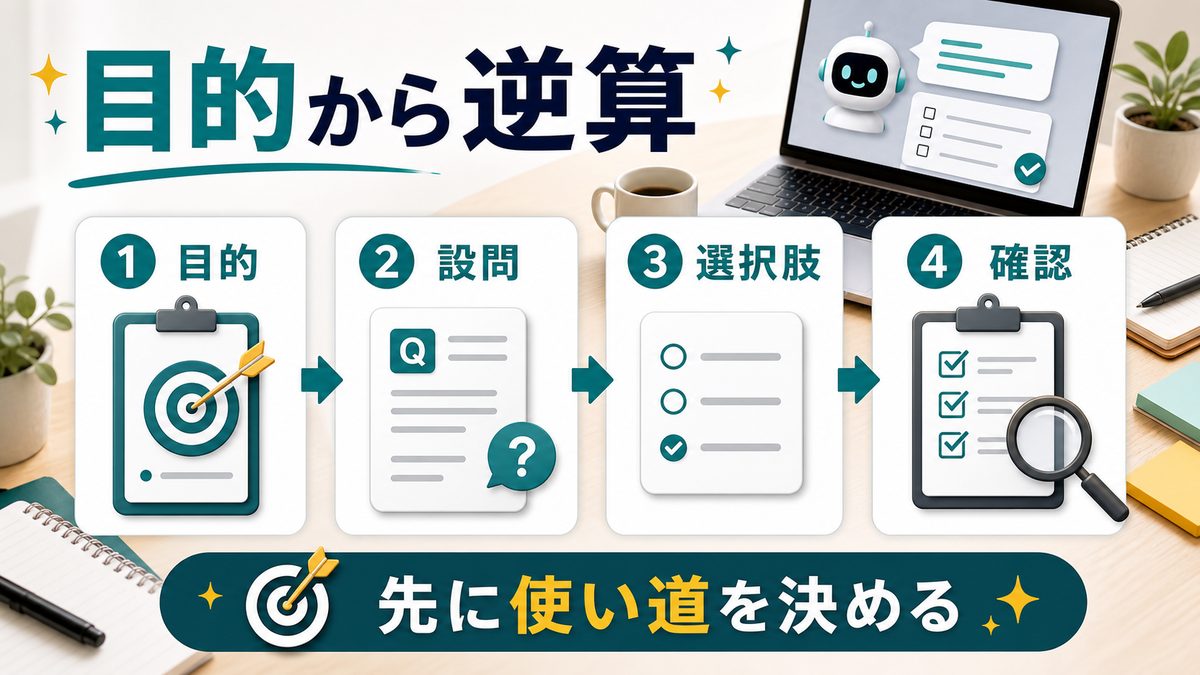 AIでアンケート設問を目的から逆算する流れを整理した図解