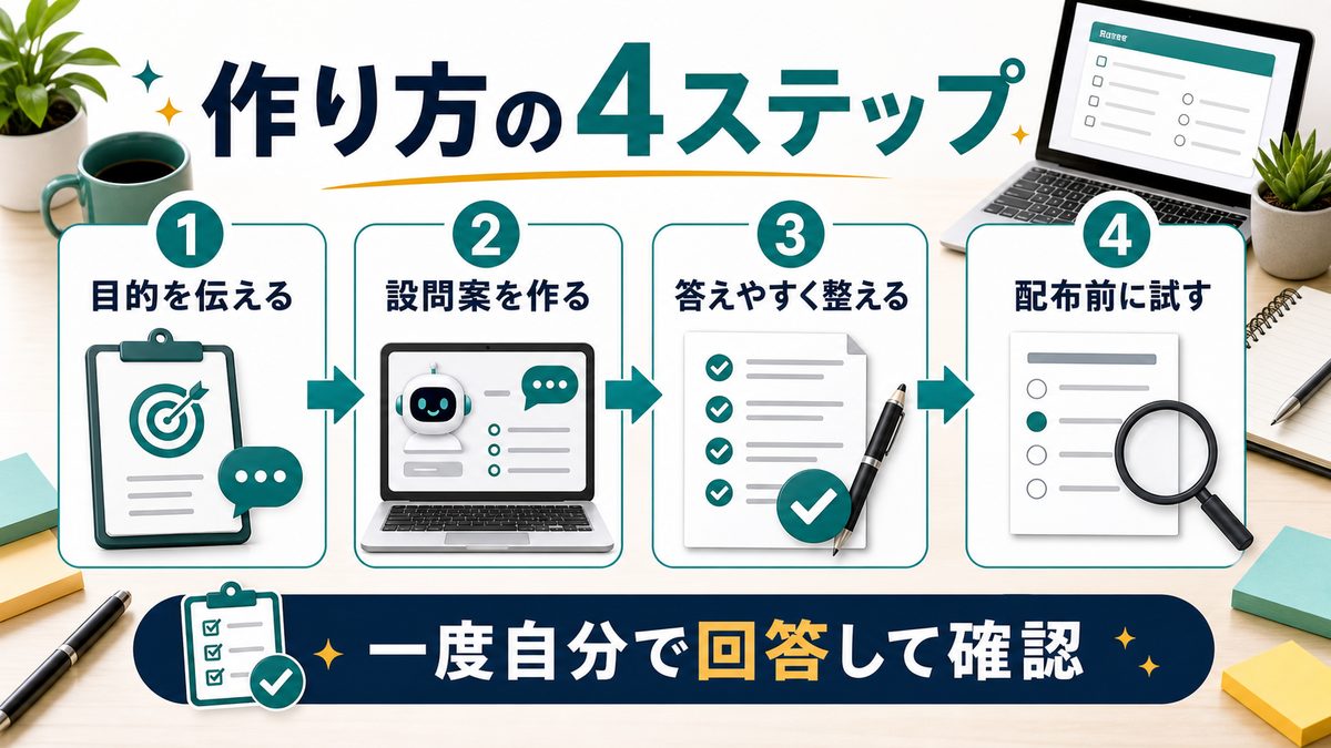 AIでアンケートを作る4ステップを整理した図解