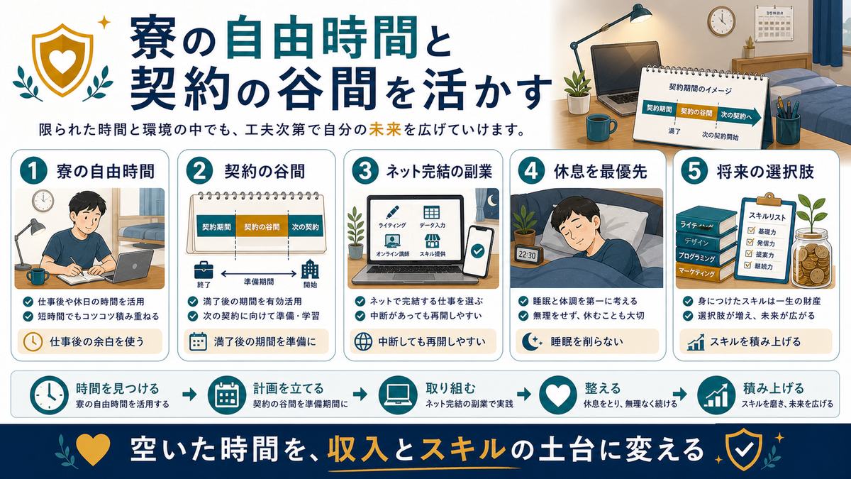 期間工や季節労働の寮の自由時間と契約の谷間を在宅副業とスキル学習に活かし休息を優先する流れの図解