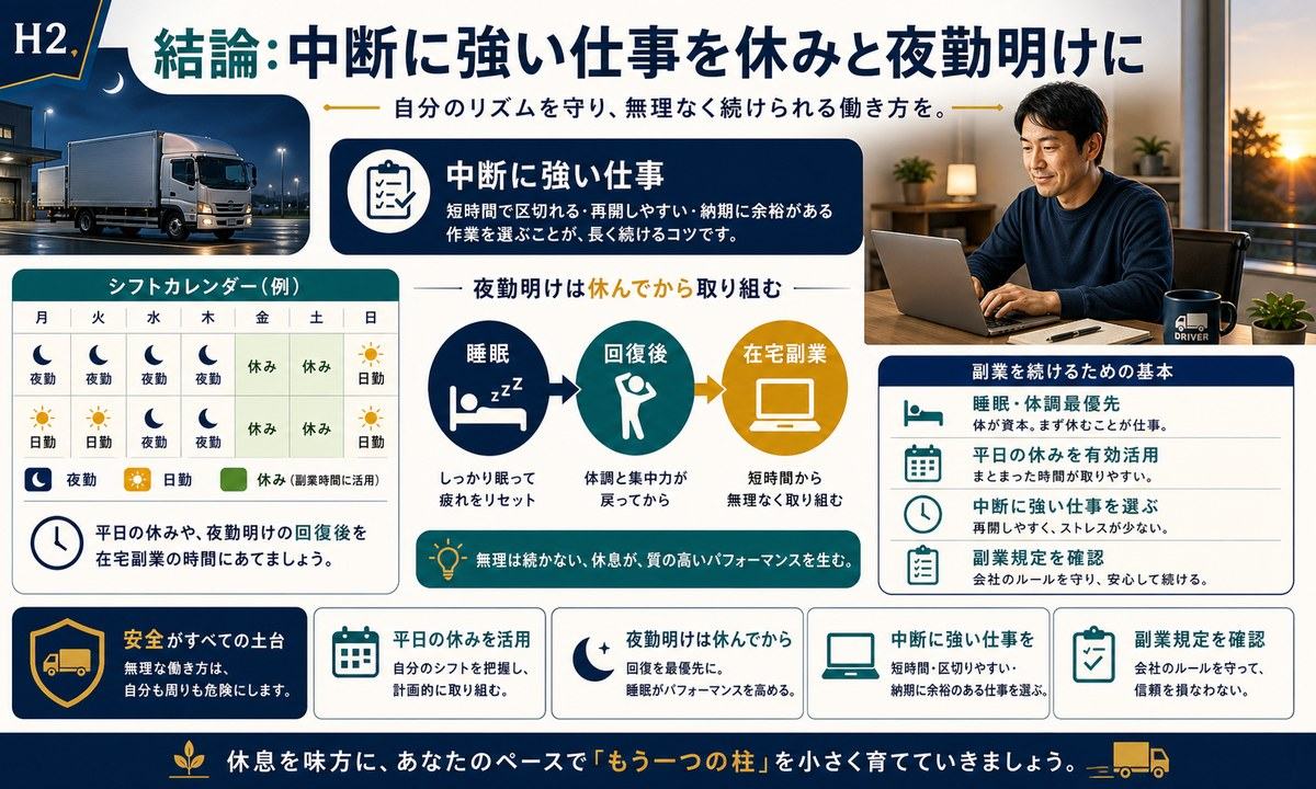 夜勤やシフト勤務の人が中断に強い在宅副業を平日の休みや夜勤明けの回復後に無理なく行う図解