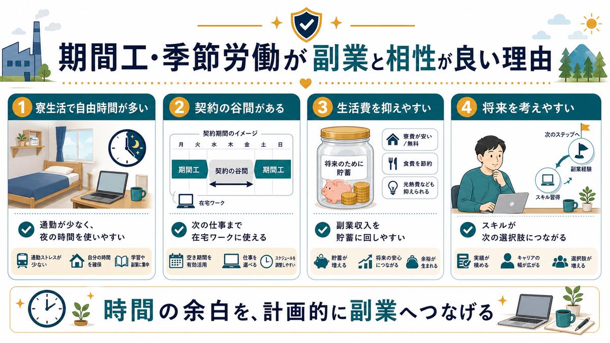 期間工や季節労働が副業と相性が良い理由として寮生活の自由時間、契約の谷間、生活費を抑えやすい点、将来の選択肢を整理した図解