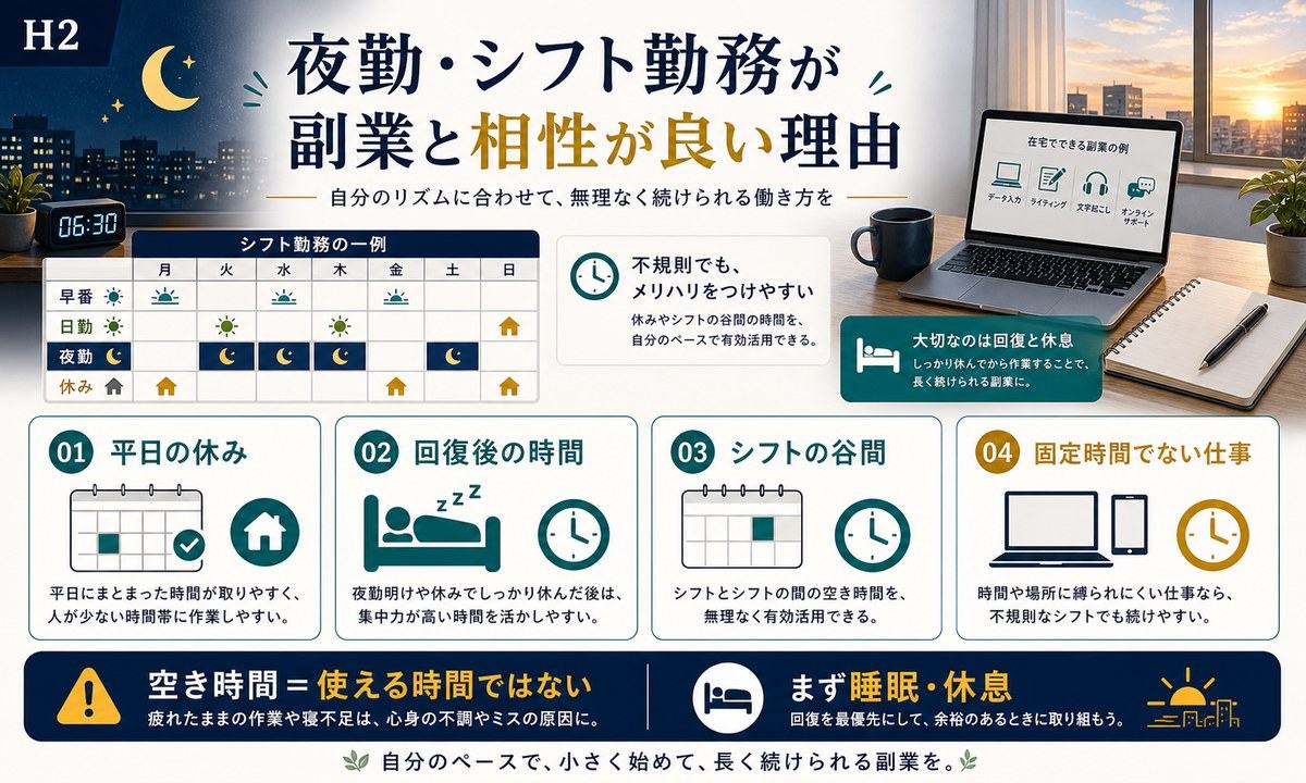 夜勤シフト勤務が平日の休み、回復後の時間、シフトの谷間、固定時間でない仕事と相性が良い理由の図解