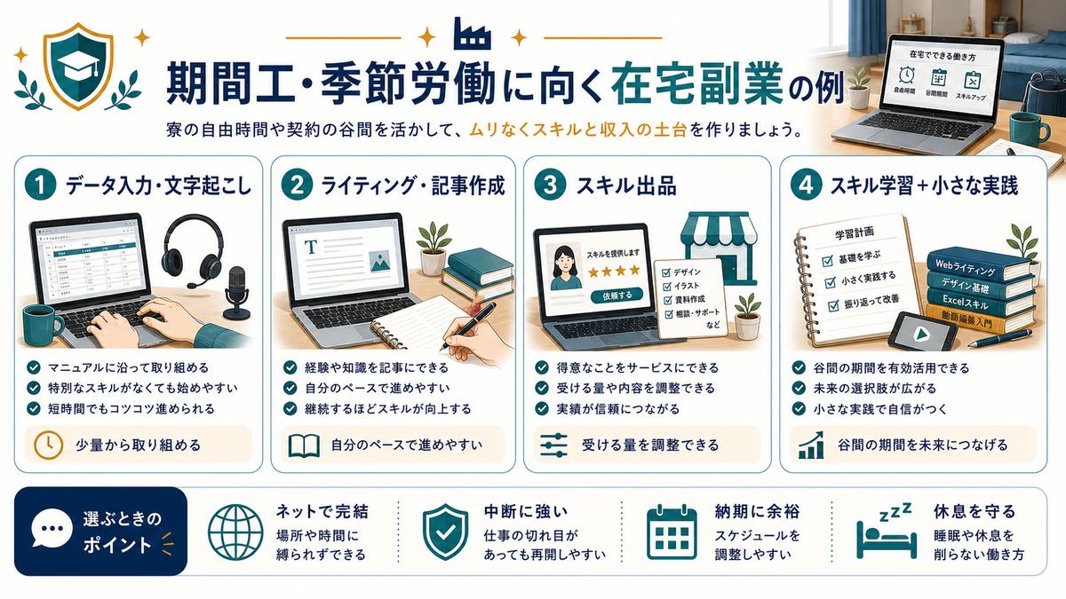 期間工や季節労働に向く在宅副業としてデータ入力、文字起こし、ライティング、スキル出品、スキル学習を整理した図解